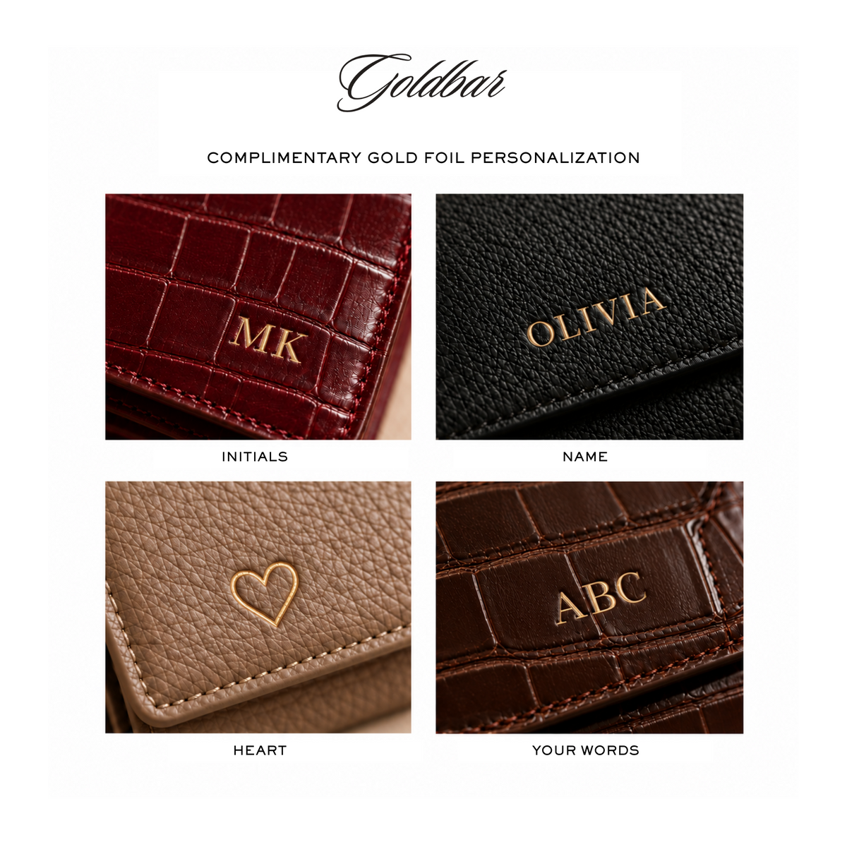 Goldbar complimentary gold foil personalization: initials, name, heart and your words.