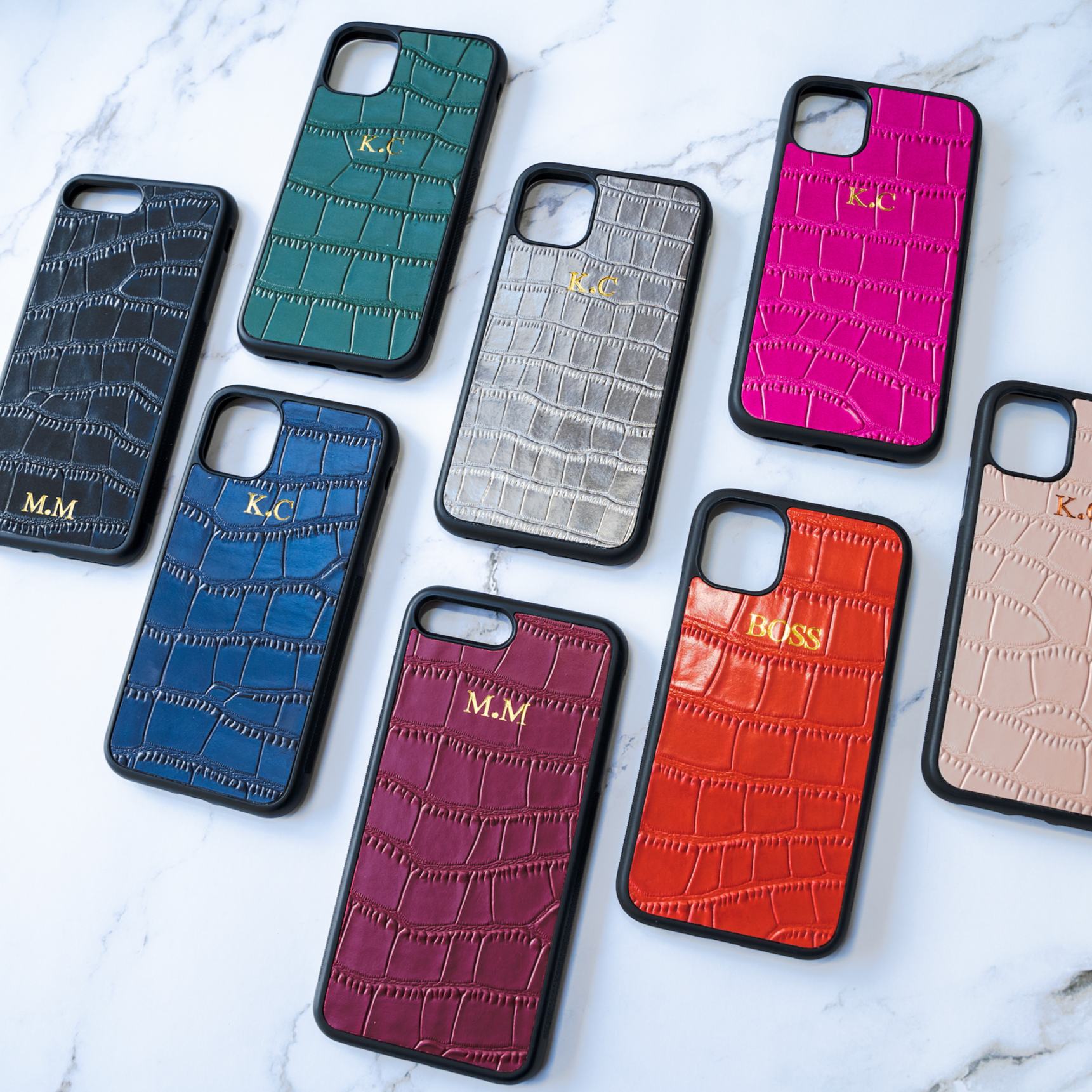 Personalise Gold Silver Initials Crocodile Luxury Leather PU Cases